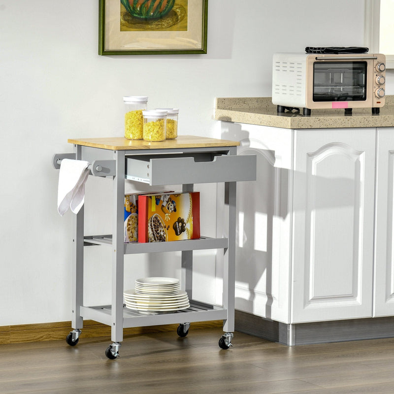 Grey Kitchen Trolley, Rubberwood Worktop, Storage