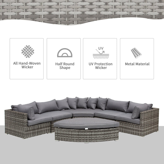 6 Seater Half Moon Rattan Sofa Set with Cushions, Grey