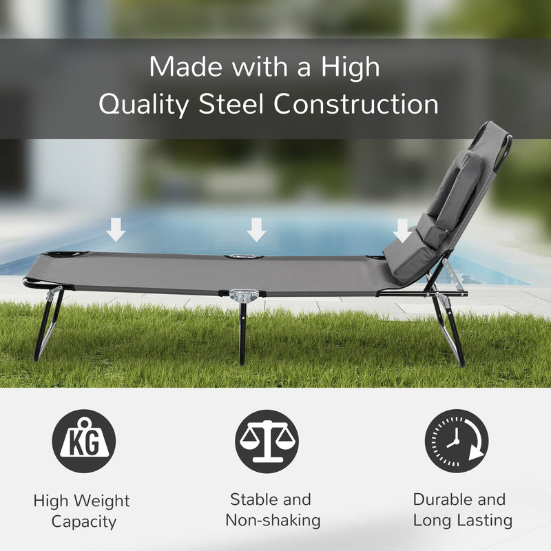 Outsunny Sun Lounger Foldable Reclining Chair with Pillow and Reading Hole Garden Beach Outdoor Recliner Adjustable Grey Outsunny