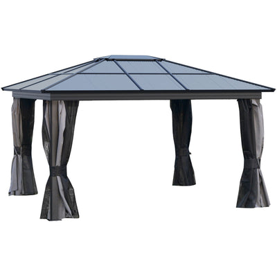 Hard Roof Gazebo with Polycarbonate Roof & Mesh Curtains, 4×3.6m Outsunny