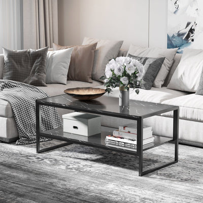 Two Tier Marble Print Coffee Table with Metal Frame Pawhut