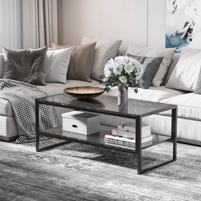 Two Tier Marble Print Coffee Table with Metal Frame