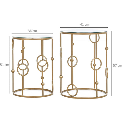 Set of 2 Gold Round Coffee Tables, Tempered Glass Homcom