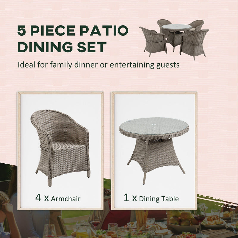 4 Seater Rattan Dining Set, 4 Chairs & Round Table - Grey Outsunny
