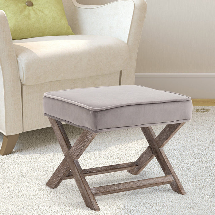 Shabby Chic Grey Velvet Footstool With X-Leg