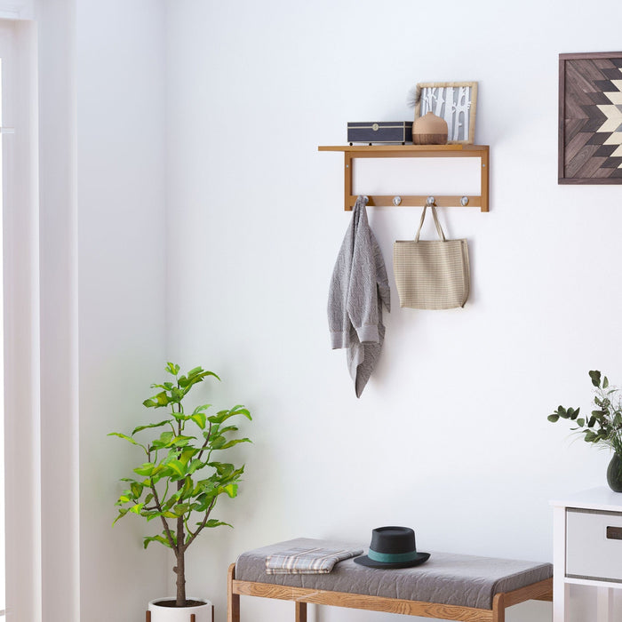 Wall Mounted Coat Rack with Rail and Shelf, 4 Hooks, Bamboo