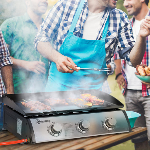 Outsunny Gas Plancha Grill with 3 Stainless Steel Burner, 9kW, Portable Tabletop Gas BBQ w/Non-Stick Griddle for Camping Picnic Garden Party Festival Outsunny
