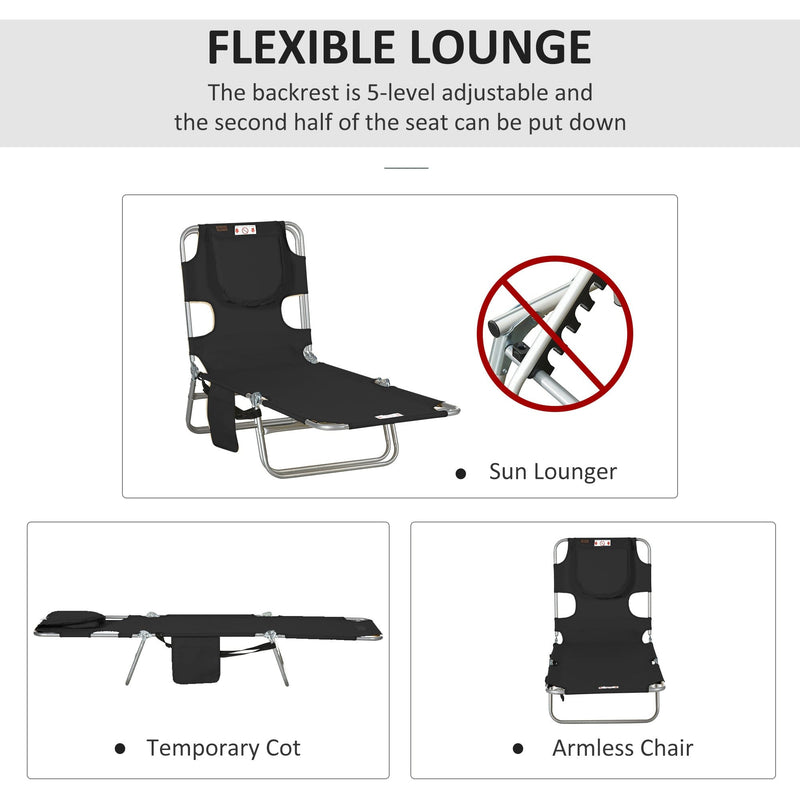 Outsunny Foldable Sun Lounger, Beach Chaise Lounge with Reading Hole, Arm Slots, 5-Position Adjustable Backrest, Side Pocket, Pillow for Patio Black Outsunny