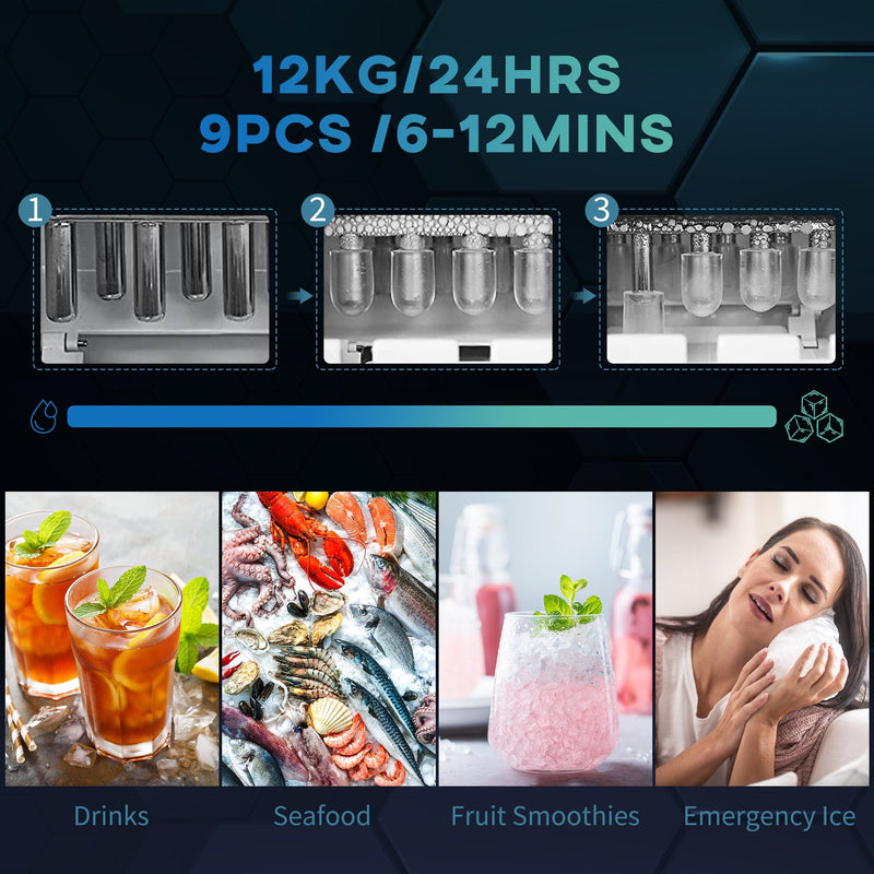 HOMCOM Ice Maker Machine Counter Top, 12Kg in 24 Hrs, 9 Cubes Ready in 6-12Mins, Portable Ice Cube Maker with Ice Scoop and Basket, Black Homcom