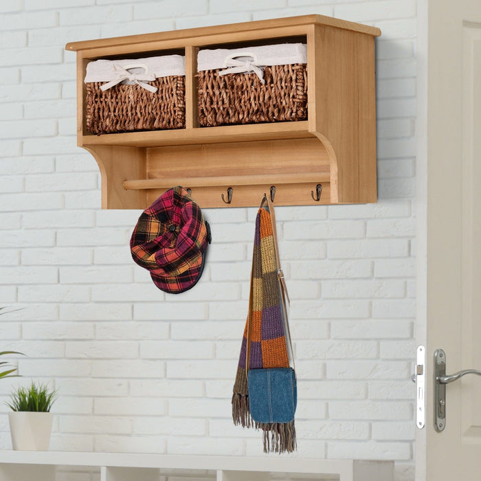 Entryway Wall Coat Rack 2 Wicker Baskets, Hooks