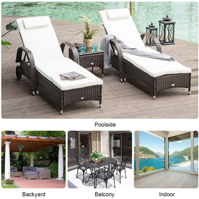 3pc Rattan Garden Lounge Set, Wheeled Loungers, Table