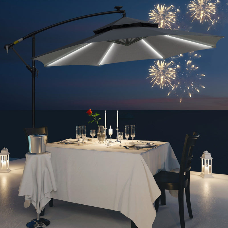 Outsunny 3(m) Cantilever Banana Parasol Hanging Umbrella with Double Roof, LED Solar lights, Crank, 8 Sturdy Ribs and Cross Base for Outdoor, Garden Outsunny