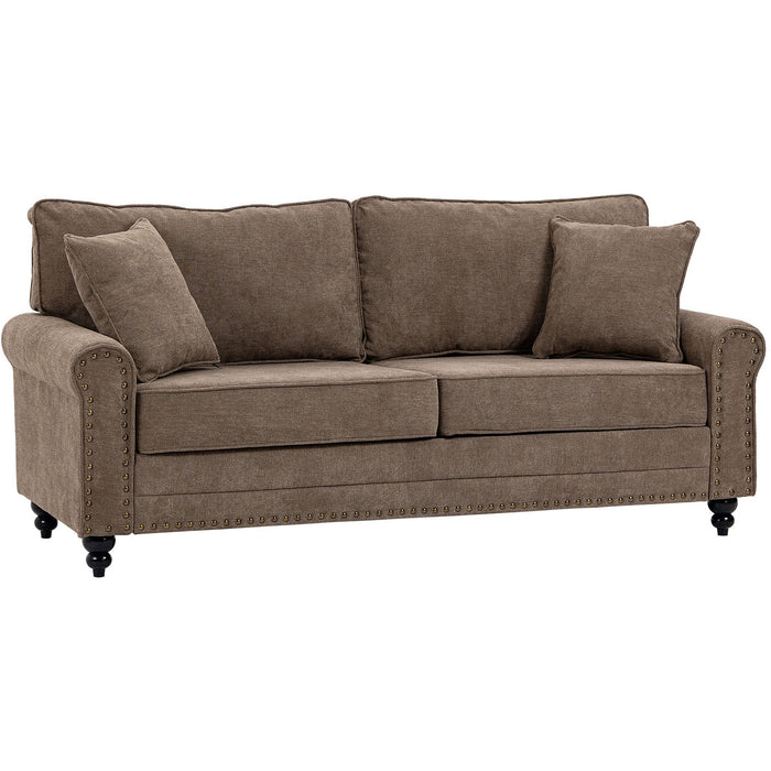Brown 2 Seater Sofa with Nailhead Trim & Cushions