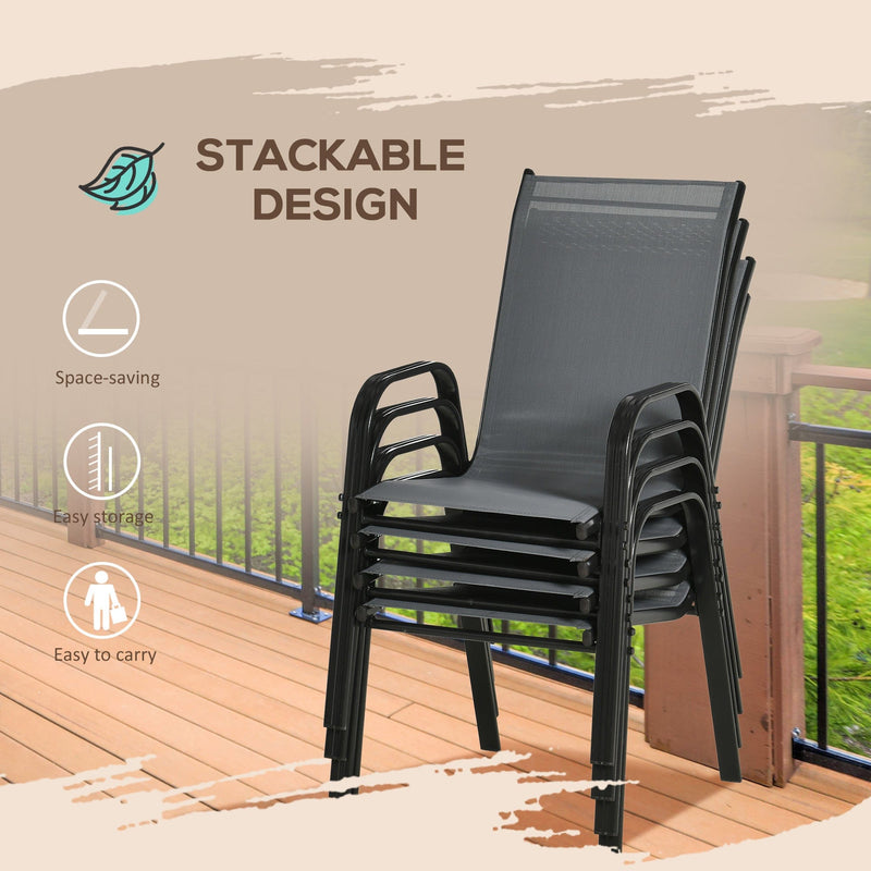 Outsunny Set of 4 Garden Dining Chair Set Stackable Outdoor Patio Furniture Set with Backrest and Armrest, Dark Grey Outsunny