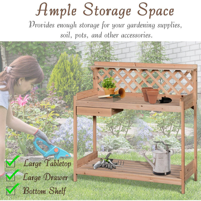 Wooden Potting Table - Drawer, Storage Shelves - Outdoor