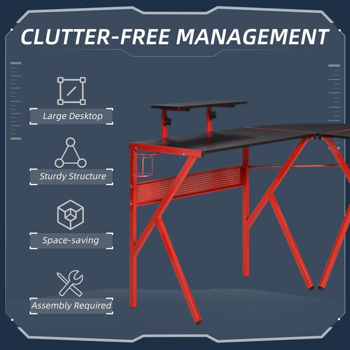 L Shaped Gaming Desk With Monitor Stand, Headset Hook, Red