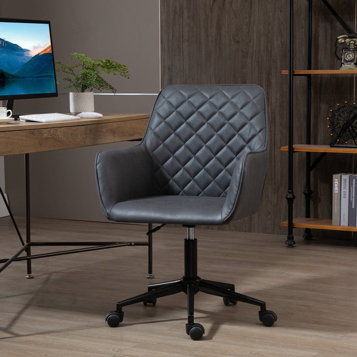 Grey Office Chair With Wheels, Faux Leather, Diamond Back