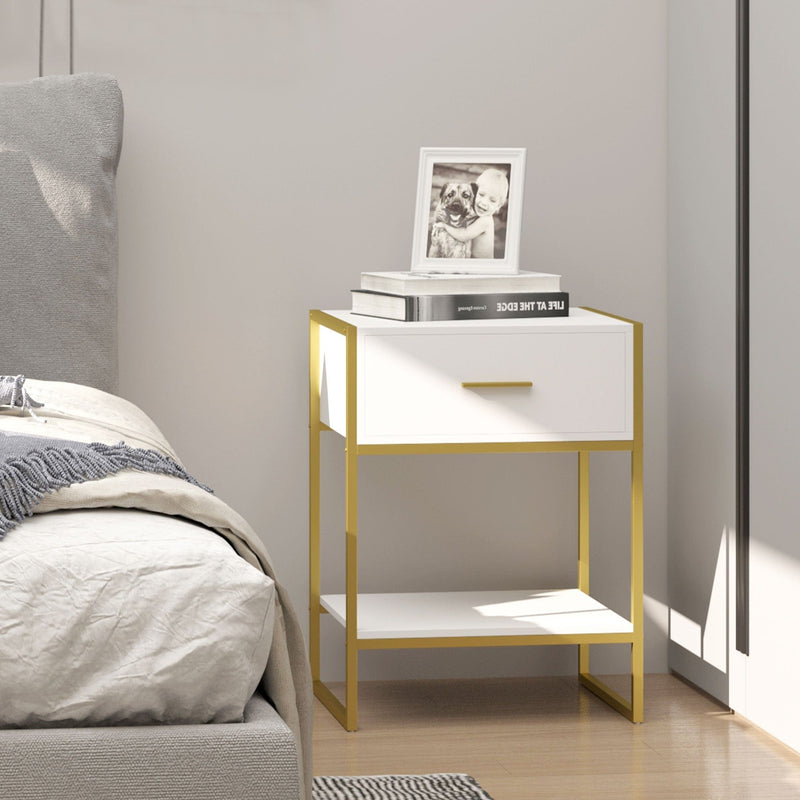 Modern Bedside Table With Drawer, White and Gold