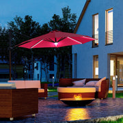 Image of a red cantilever parasol with solar lights