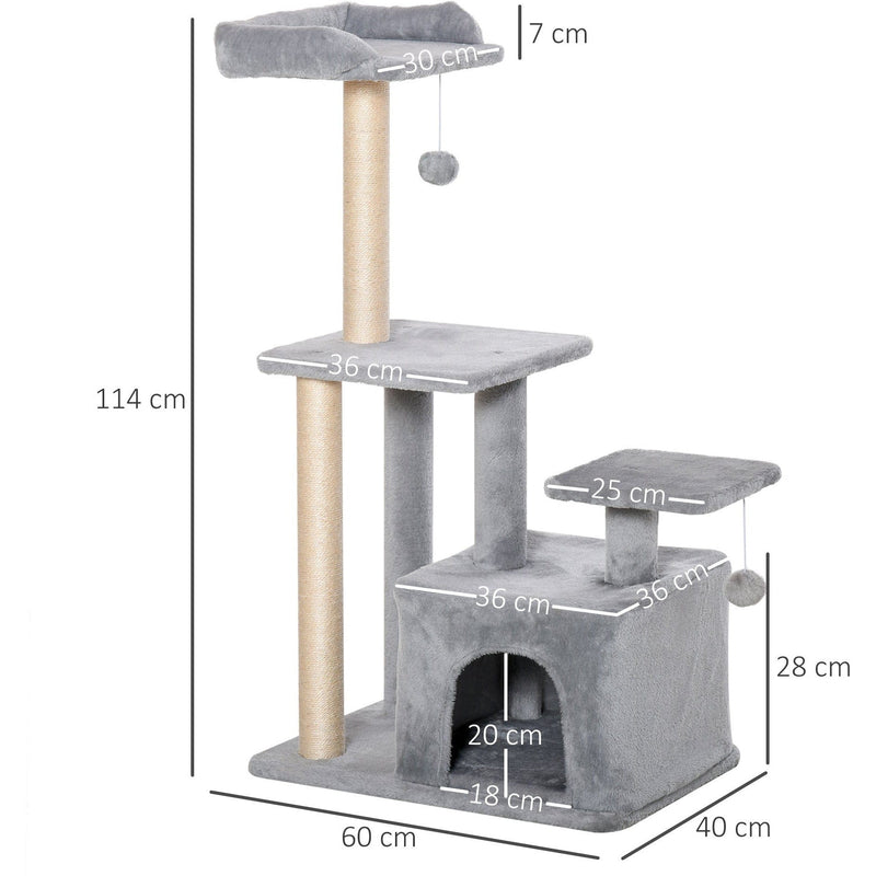 114cm Grey Cat Tree, Climbing Centre, Sisal Post, Condo