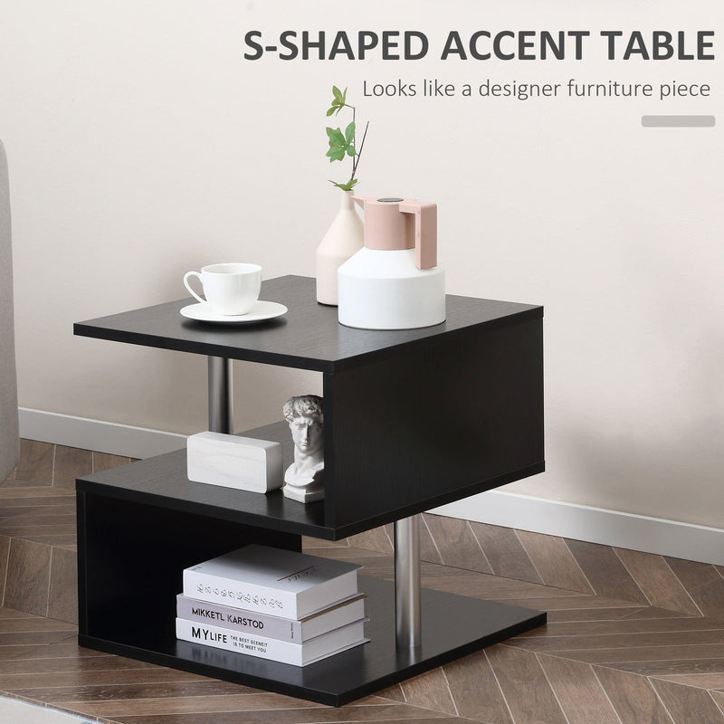 S Shape Coffee Table with 2-Tier Shelves, Home Office, Black