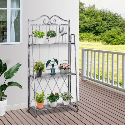 3 Tier Folding Metal Plant Stand for Indoor or Outdoor Space Saving Display Silver Grey Outsunny