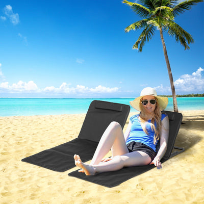 Outsunny Set of 2 Foldable Garden Beach Chair Mat Lightweight Outdoor Sun Lounger Seats Adjustable Back Metal Frame PE Fabric Head Pillow, Black Outsunny