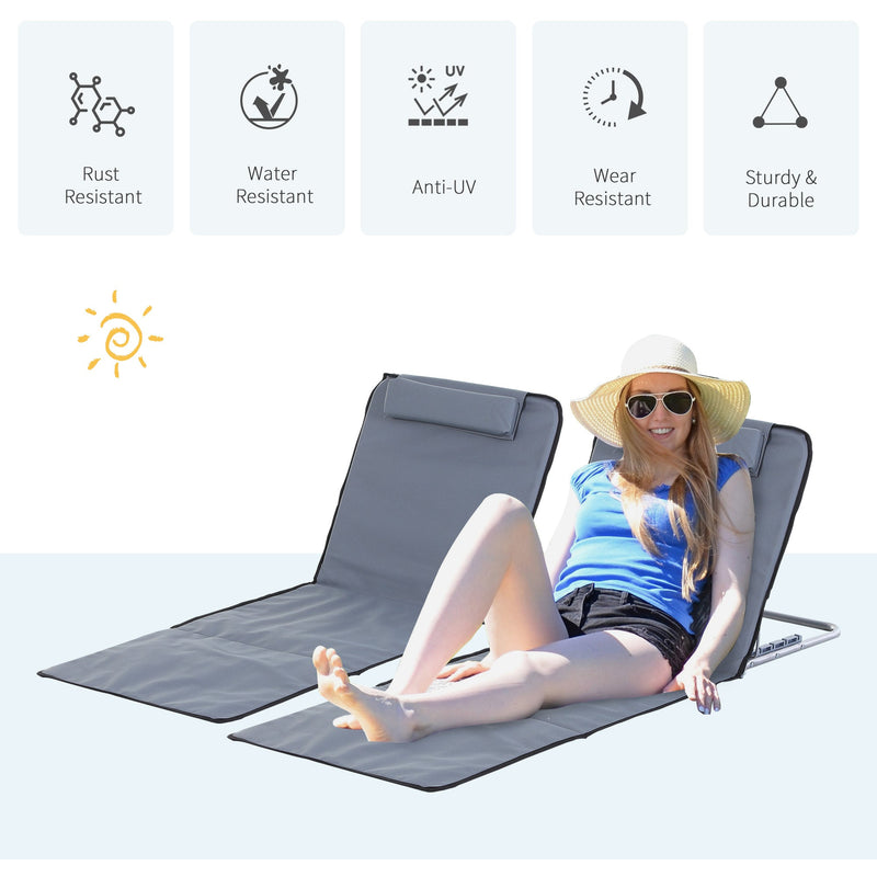 Outsunny Set of 2 Foldable Garden Beach Chair Mat Lightweight Outdoor Sun Lounger Seats Adjustable Back Metal Frame PE Fabric Head Pillow, Grey Outsunny