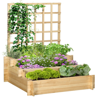 3 Tier Garden Planters, Trellis, Natural 95x95x110cm Outsunny