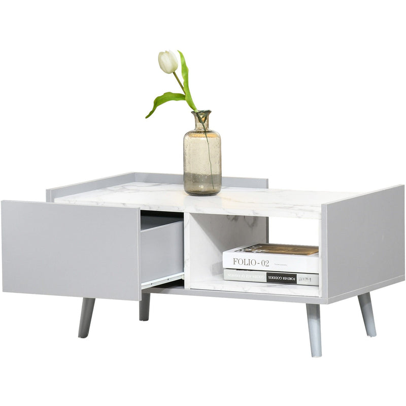 Coffee Table With Shelf, Drawer, Two Tone Marble Effect