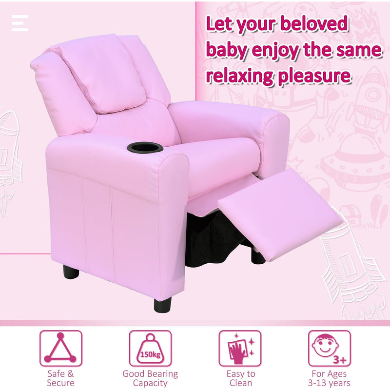 Childs Recliner Chair with Cup Holder - Pink