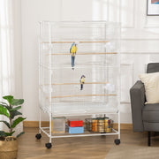 PawHut Large Bird Cage Aviary for Finch Canaries, Budgies with Rolling Stand, Slide-out Tray, Storage Shelf, Wood Perch, Food Containers, White Pawhut