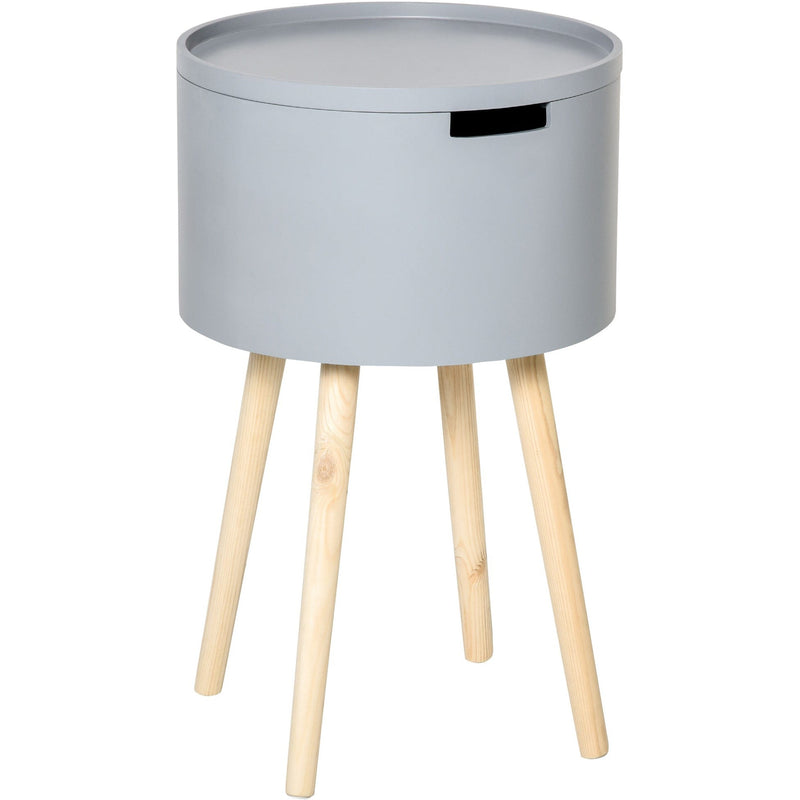 Round Side Table with Hidden Storage, Removable Tray, Wood