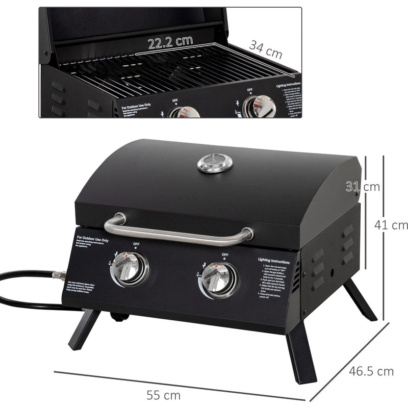 Portable 2 Burner Gas BBQ Grill with Lid Thermometer, Black