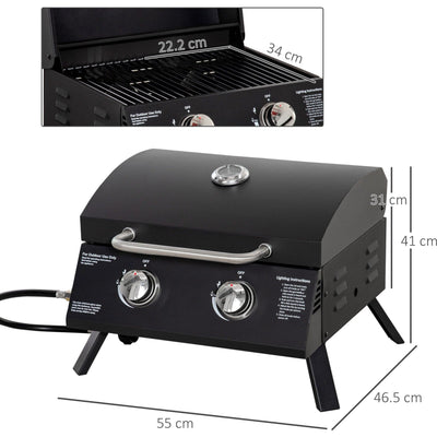 Portable 2 Burner Gas BBQ Grill with Lid Thermometer, Black Outsunny