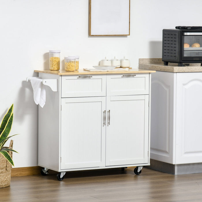 White Kitchen Island Cart with Rubberwood Top, 2 Drawers