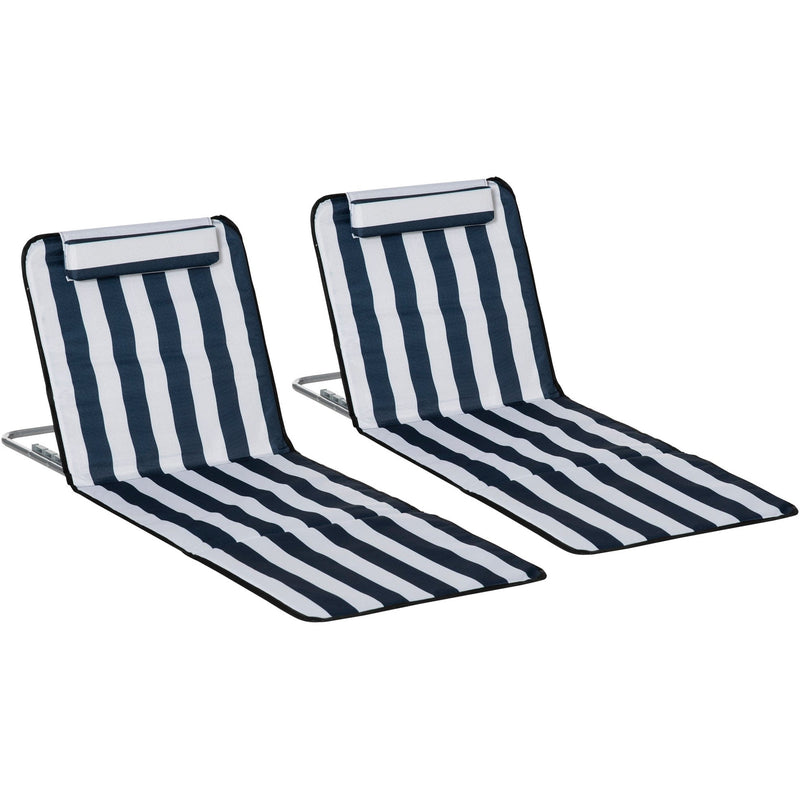 Outsunny Set of 2 Foldable Garden Beach Chair Mat Lightweight Outdoor Sun Lounger Seats Adjustable Back Metal Frame PE Fabric Head Pillow, Blue Outsunny