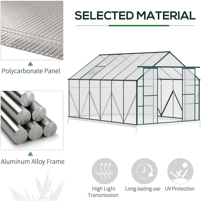 8x12ft Walk-in Polycarbonate Greenhouse Kit, Aluminium Frame