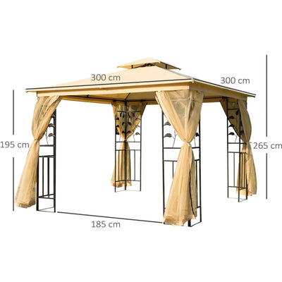 Metal Frame Garden Gazebo With Curtains,3x3m, Beige Outsunny