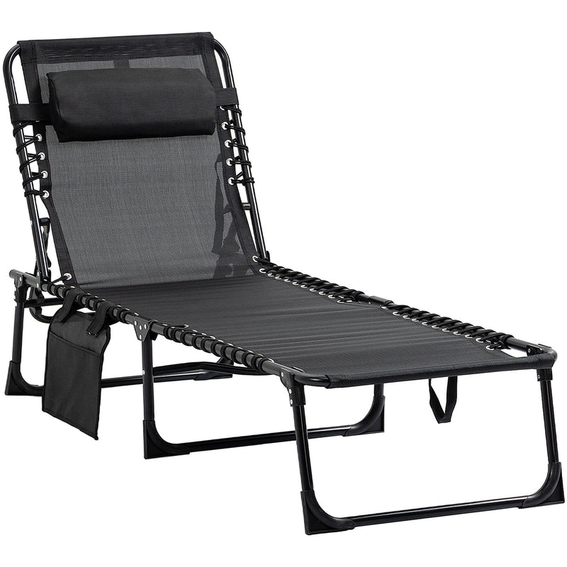 Outsunny Portable Sun Lounger, Folding Camping Bed Cot, Reclining Lounge Chair 5-position Adjustable Backrest w/Side Pocket for Patio Garden Black Outsunny