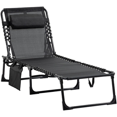 Outsunny Portable Sun Lounger, Folding Camping Bed Cot, Reclining Lounge Chair 5-position Adjustable Backrest w/Side Pocket for Patio Garden Black Outsunny
