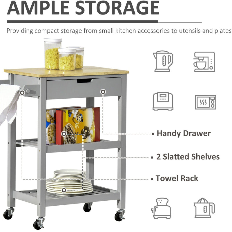 Grey Kitchen Trolley, Rubberwood Worktop, Storage