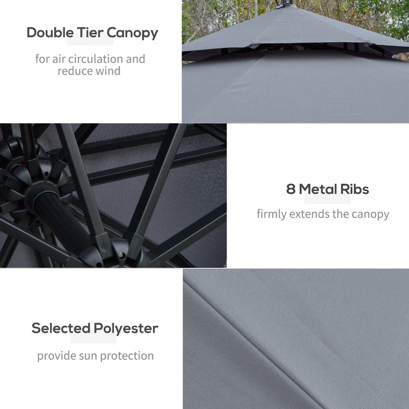 Outsunny 3(m) Cantilever Banana Parasol Hanging Umbrella with Double Roof, LED Solar lights, Crank, 8 Sturdy Ribs and Cross Base for Outdoor, Garden Outsunny