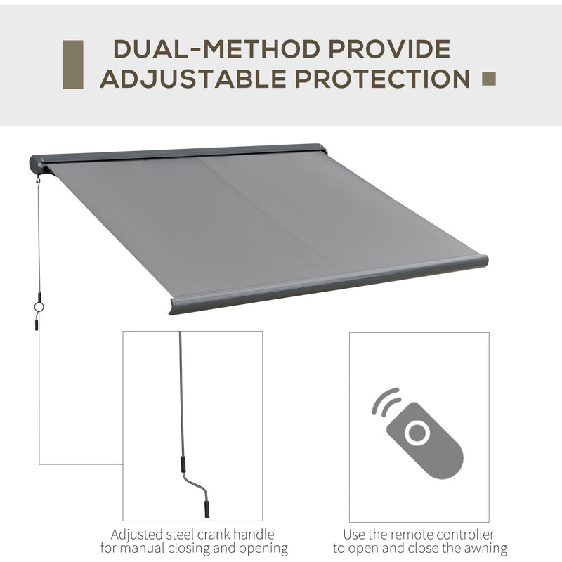 Outsunny Retractable Manual Awning Cassette Electric Motorised Door Window Patio Canopy Sun Shade w/ R/C & LED, 350 x 300cm, Grey Outsunny