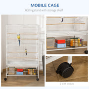 PawHut Large Bird Cage Aviary for Finch Canaries, Budgies with Rolling Stand, Slide-out Tray, Storage Shelf, Wood Perch, Food Containers, White Pawhut