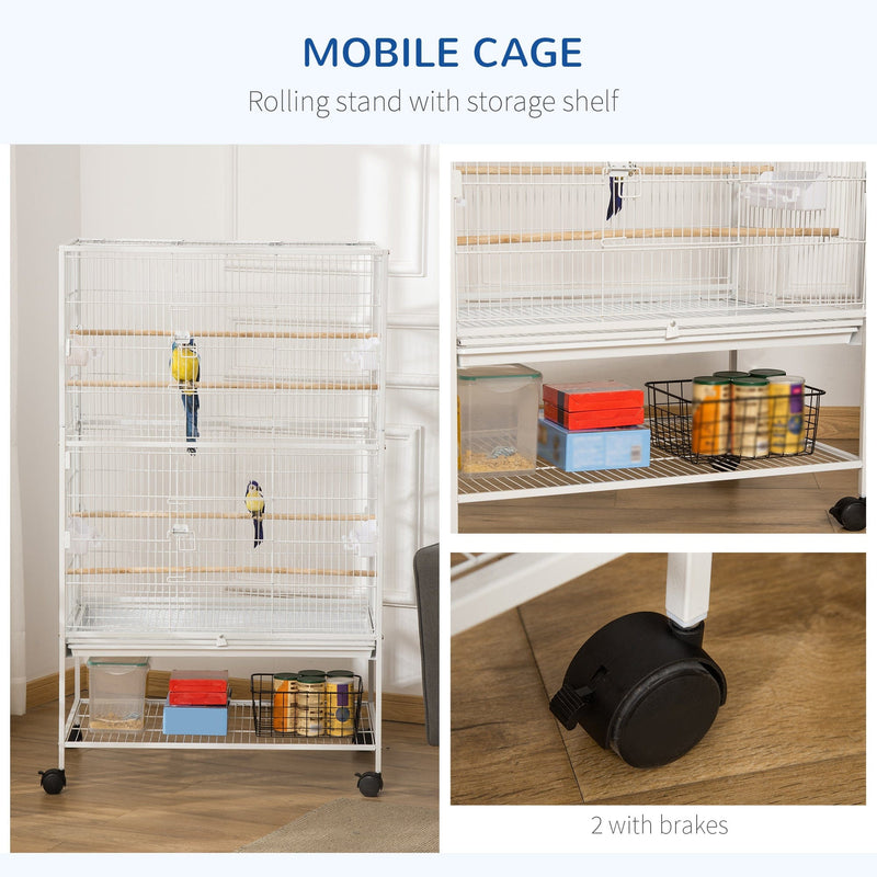 PawHut Large Bird Cage Aviary for Finch Canaries, Budgies with Rolling Stand, Slide-out Tray, Storage Shelf, Wood Perch, Food Containers, White Pawhut
