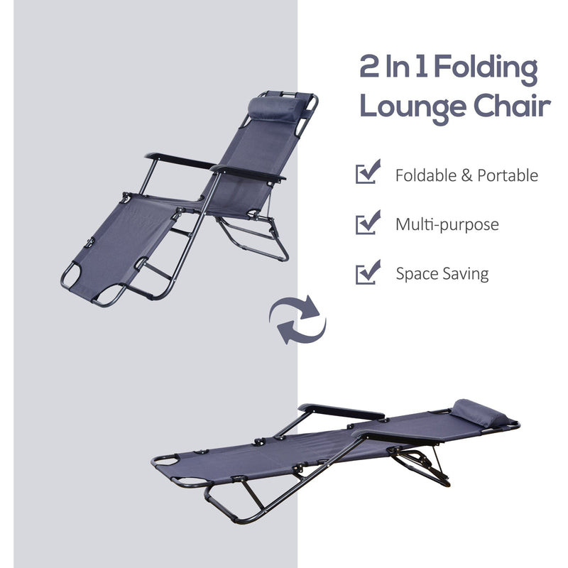 2-in-1 Folding Grey Sun Lounger Chair with Pillow