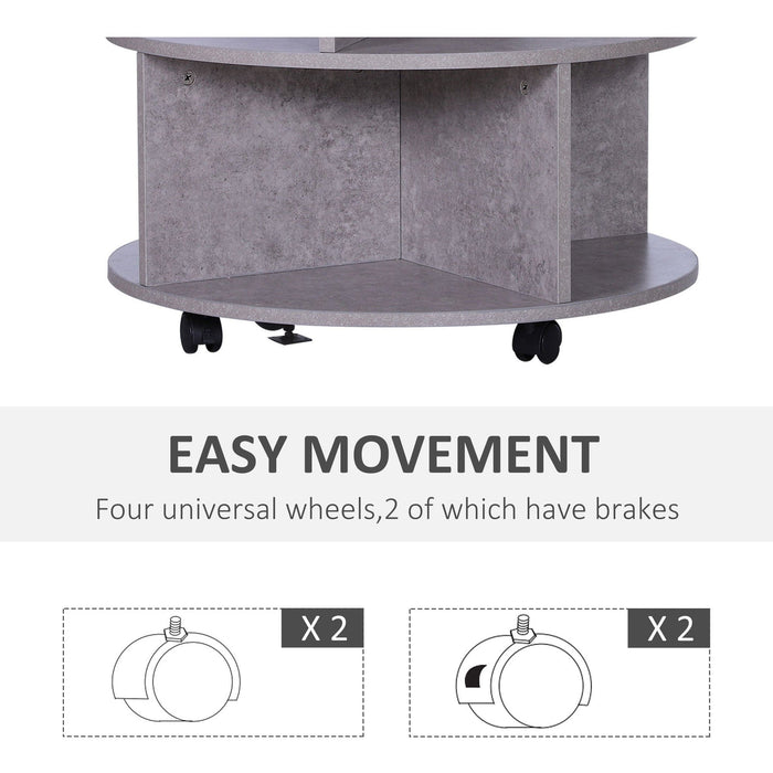 Round Side Table with Shelves and Wheels, Cement Colour