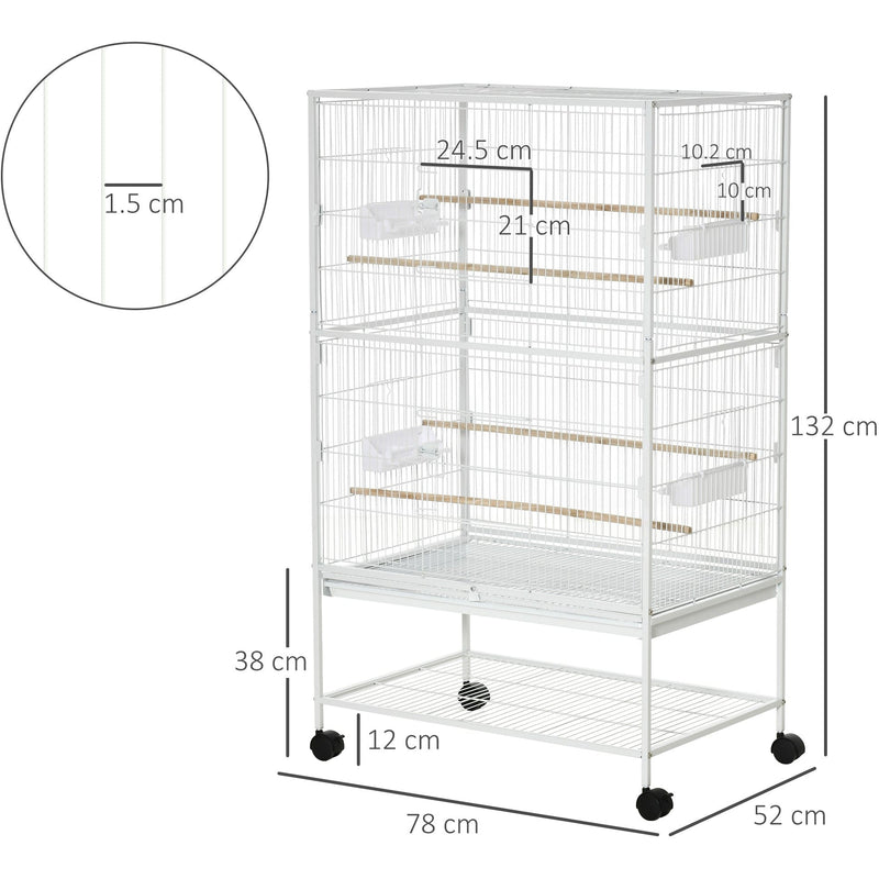 PawHut Large Bird Cage Aviary for Finch Canaries, Budgies with Rolling Stand, Slide-out Tray, Storage Shelf, Wood Perch, Food Containers, White Pawhut