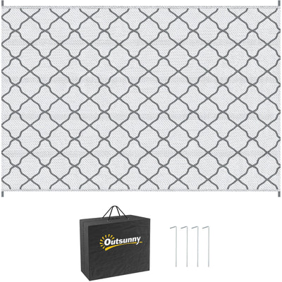 Outsunny Reversible Outdoor Rug with Carry Bag and Ground Stakes, Waterproof Plastic Straw Mat for Backyard, Deck, RV, Picnic, Camping Grey & White Outsunny
